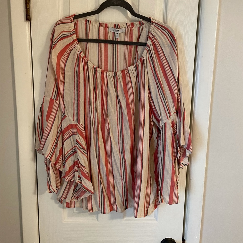 Red Stripped Flare Sleeve Top